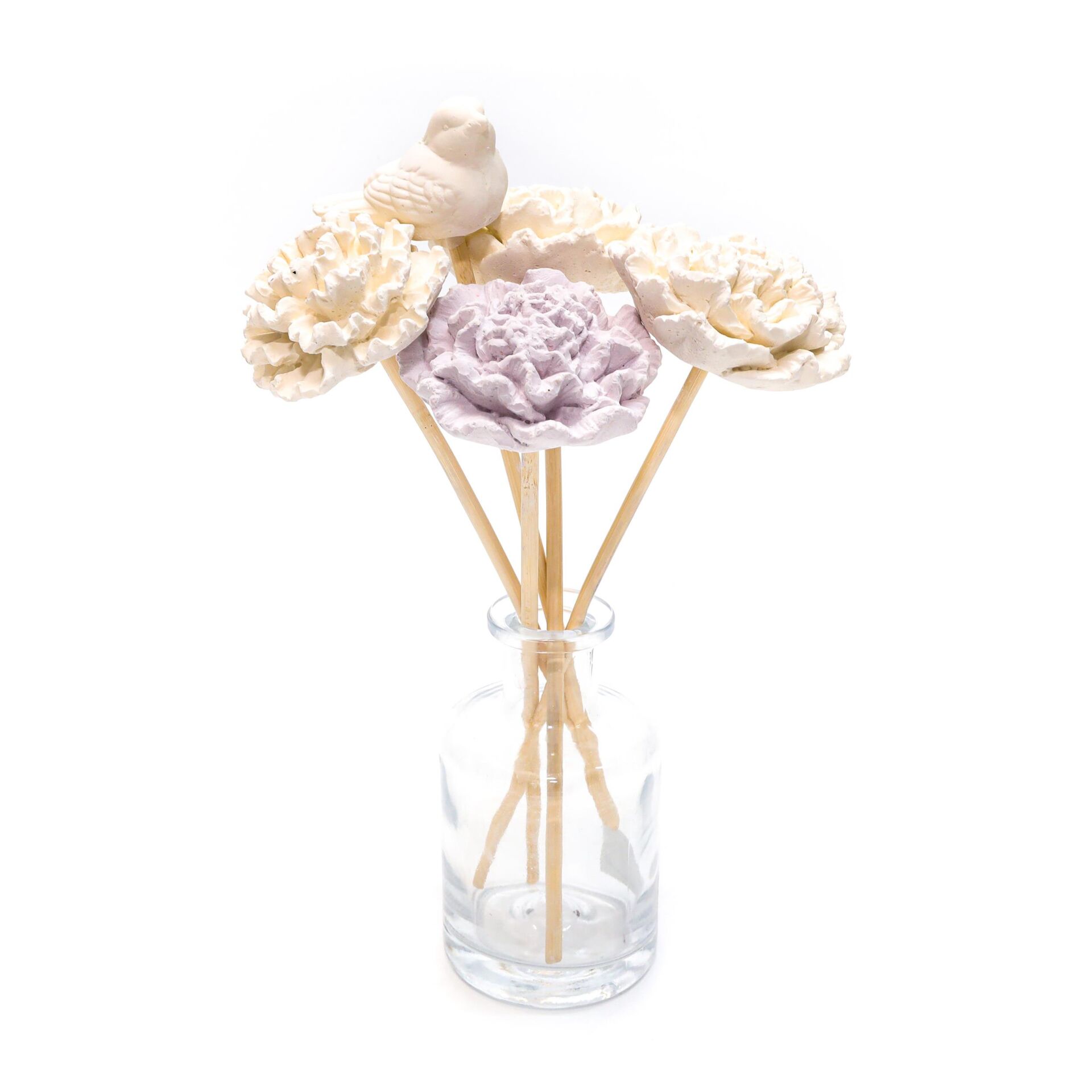 Dekoratif Bambu Çubuklu Koku Yayan Büyük Çiçekler-Ekru Set