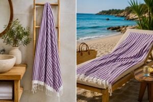 Ege Esintisi İnce Peştemal - Lavanta Çizgili - Pamuk Plaj, Havuz ve Hamam Peştemali