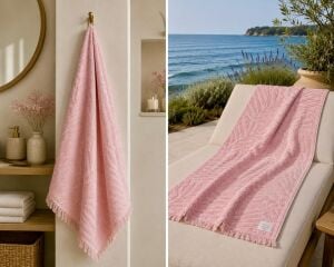 Ege Esintisi Yaprak Jakarlı Plaj & Banyo Havlusu - Gül Esintisi | %100 Pamuk
