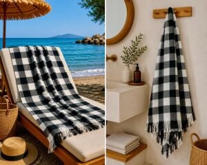 Ege Esintisi İnce Peştemal - Siyah Ekose %100 Pamuk Plaj, Havuz ve Hamam Peştemali