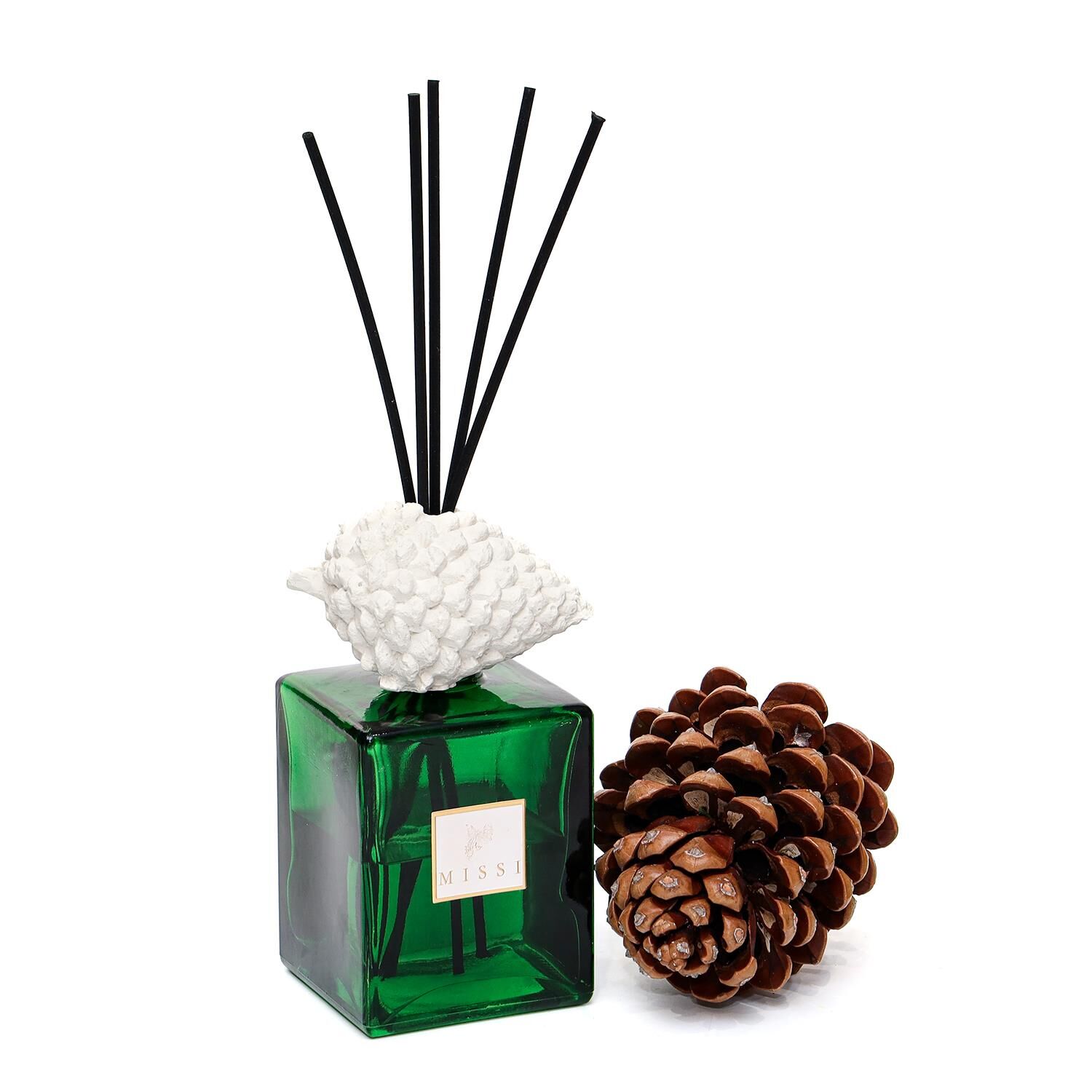 Yılbaşı 500 ml Yeşil Cam Şişe Kozalak Seramik Taşlı Bambu Çubuklu Spice Orange Oda Kokusu