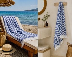 Ege Esintisi Jakarlı Peştemal - Deniz Dalgası | %100 Pamuk Plaj, Havuz ve Hamam Peştemali