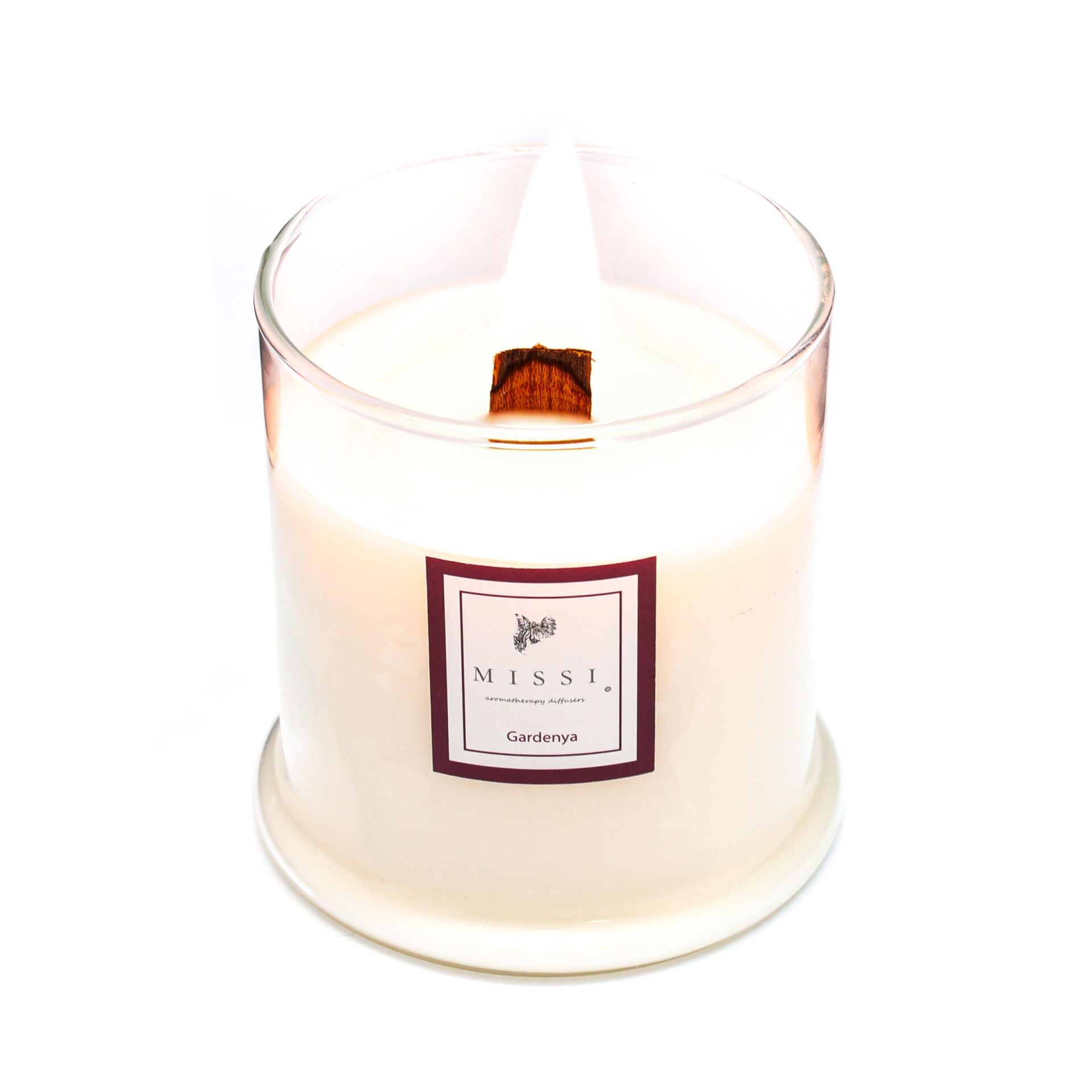 Büyük Üfleme Cam Ahşap Fitilli Gardenya Vegan Mum (380 gr)