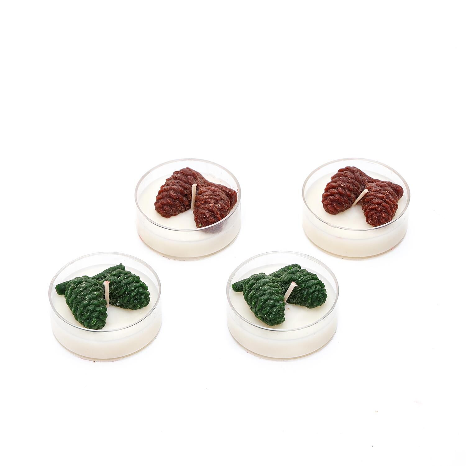 Yılbaşı 4lü Spice Orange Kokulu Yeşil-Kahverengi Kozalak Dekorlu Tealight Mum Seti