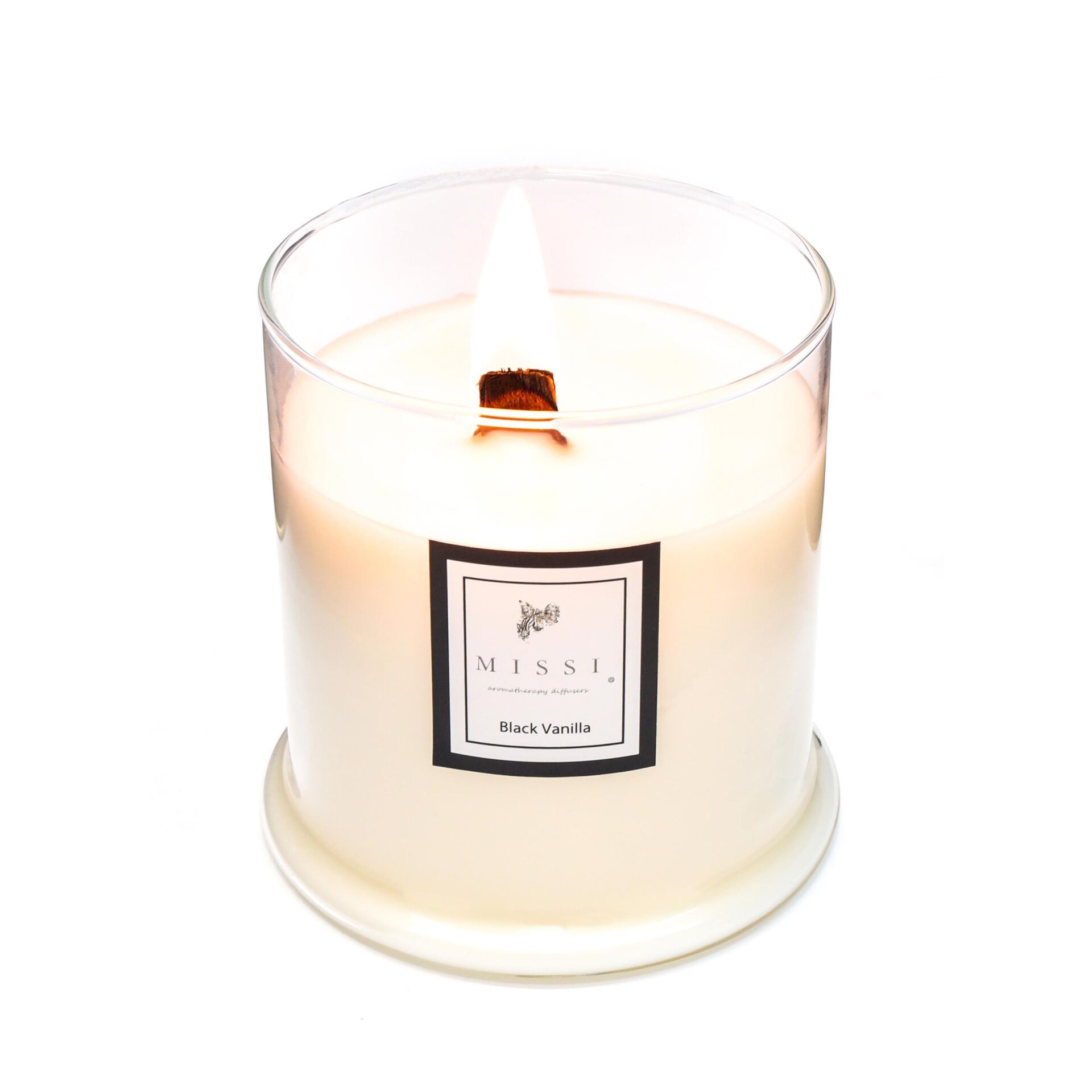 Büyük Üfleme Cam Ahşap Fitilli Black Vanilya Vegan Mum (380 gr)