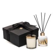 130 ml Degrade Beyaz Cam Şişe Vanilya Sandal Oda Kokusu Ve Vegan Mum Seti (Dekoratif Sıvama Kutulu)