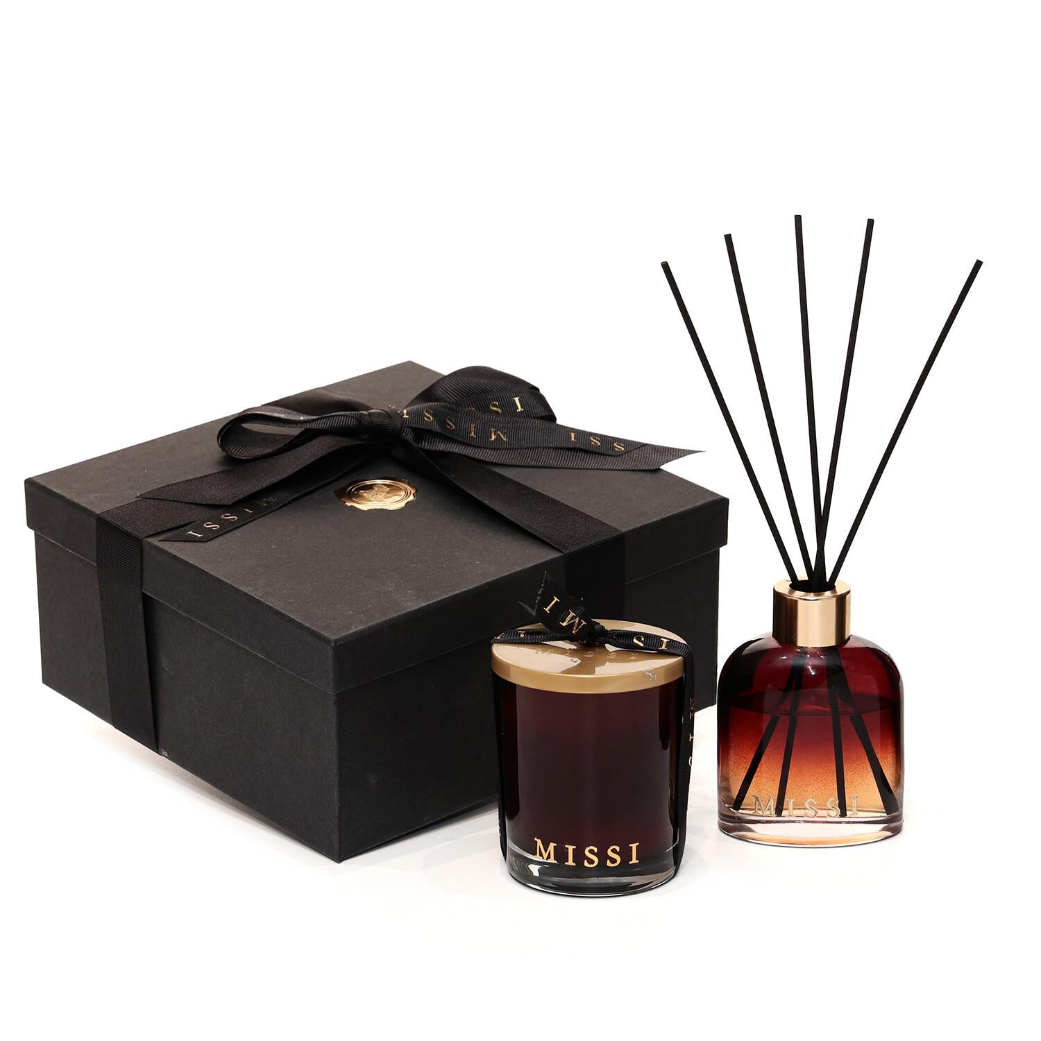 130 ml Degrade Kahverengi Cam Şişe Oud Vanilya Oda Kokusu Ve Vegan Mum Seti (Dekoratif Sıvama Kutulu)