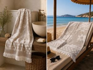 Ege Esintisi Jakarlı Peştemal - Bej Lotus Desenli - %100 Pamuk Plaj, Havuz ve Hamam Peştemali