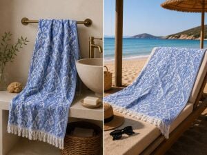 Ege Esintisi Saray Jakarlı Çift Yüzlü Peştemal - Mavi - %100 Pamuk 100x180 cm Plaj, Havuz ve Hamam Peştemali
