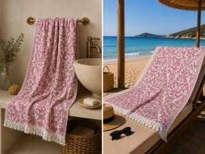Ege Esintisi Saray Jakarlı Çift Yüzlü Peştemal - Mercan - %100 Pamuk 100x180 cm Plaj, Havuz ve Hamam Peştemali