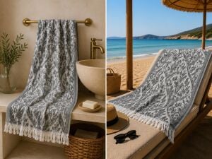 Ege Esintisi Saray Jakarlı Çift Yüzlü Peştemal - Gri - %100 Pamuk 100x180 cm Plaj, Havuz ve Hamam Peştemali