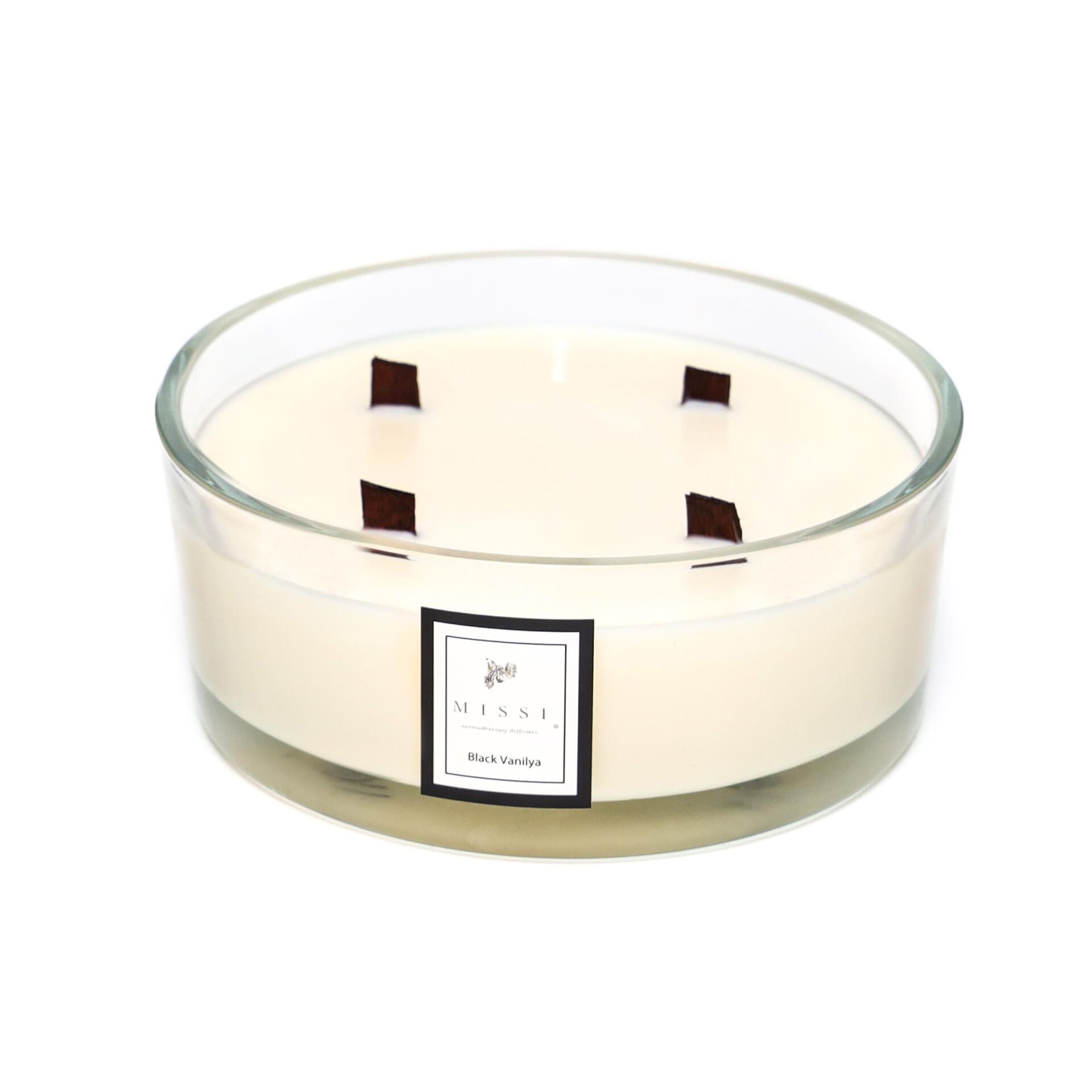 Büyük Cam Çanak İçi Ahşap Fitilli Black Vanilya Vegan Mum (19 cm çap)