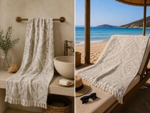 Ege Esintisi Saray Jakarlı Çift Yüzlü Peştemal - Bej - %100 Pamuk 100x180 cm Plaj, Havuz ve Hamam Peştemali