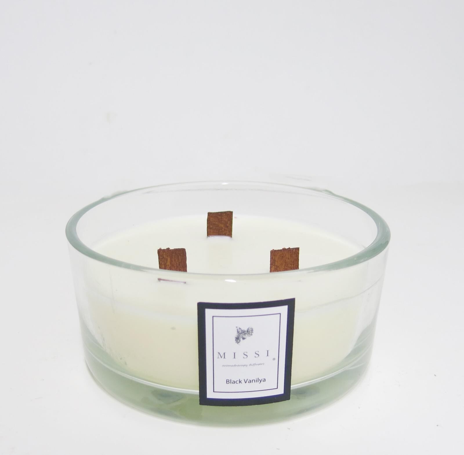 Large Yuvarlak Cam Ahşap Fitilli Black Vanilya Vegan Mum(çap:16 cm)