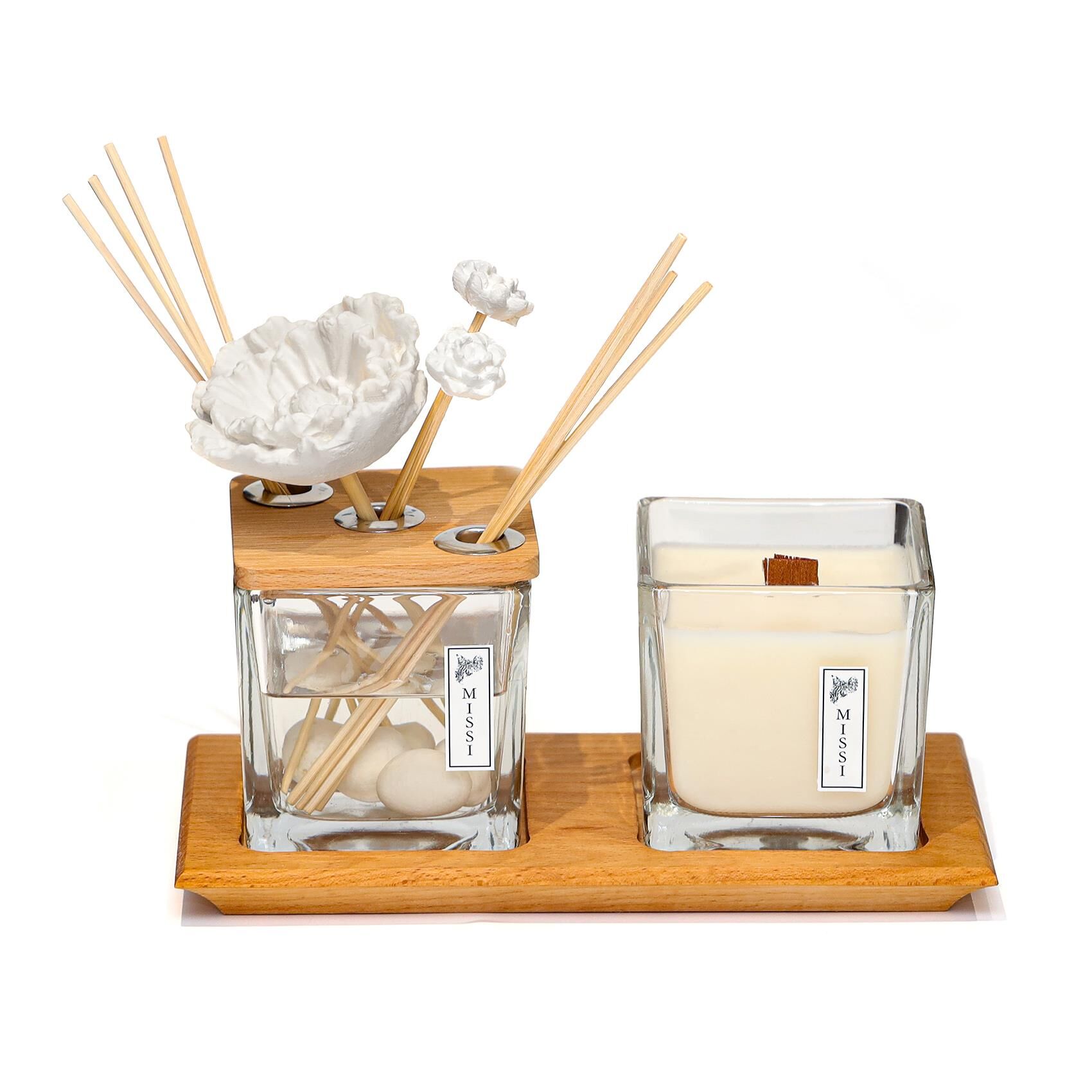 Masif Ahşap Tepsili 250 ml Dekorlu Black Vanilya Oda Kokusu ve Vegan Mum Seti