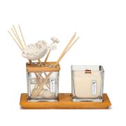 Masif Ahşap Tepsili 250 ml Dekorlu Black Vanilya Oda Kokusu ve Vegan Mum Seti