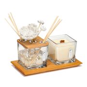 Masif Ahşap Tepsili 250 ml Dekorlu Black Vanilya Oda Kokusu ve Vegan Mum Seti