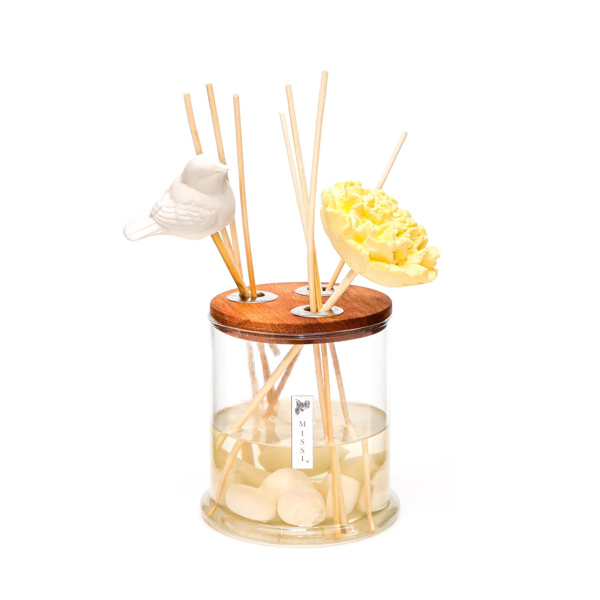 250 ml Dekorlu Oval Üfleme Cam Şişe  Çiçek ve Kuş Taş Çubuklu Amber Çiçeği Oda Kokusu