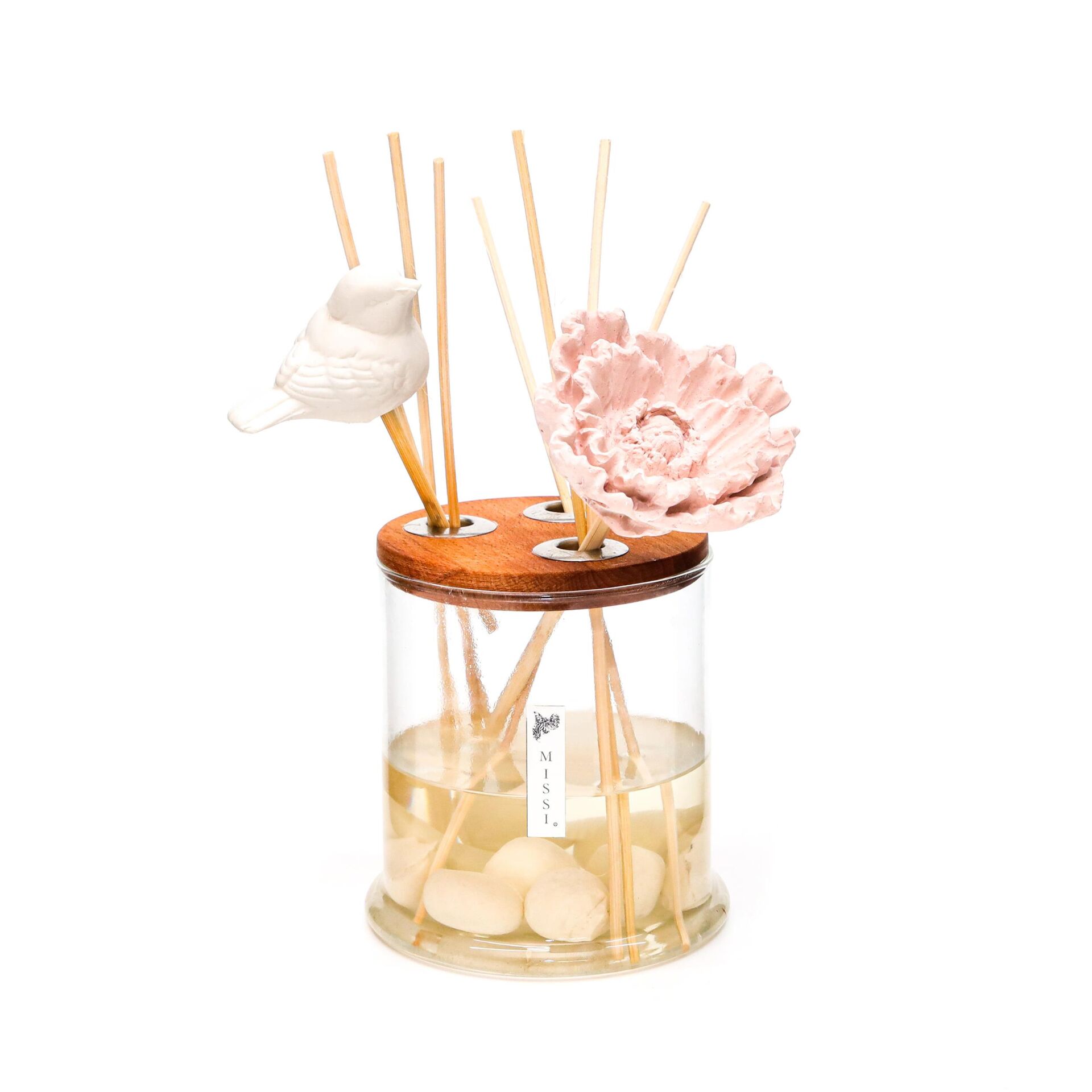 250 ml Dekorlu Oval Üfleme Cam Şişe Çiçek ve Kuş Taş Çubuklu Irıs Pudra Oda Kokusu