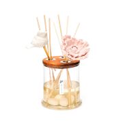 250 ml Dekorlu Oval Üfleme Cam Şişe Çiçek ve Kuş Taş Çubuklu Irıs Pudra Oda Kokusu