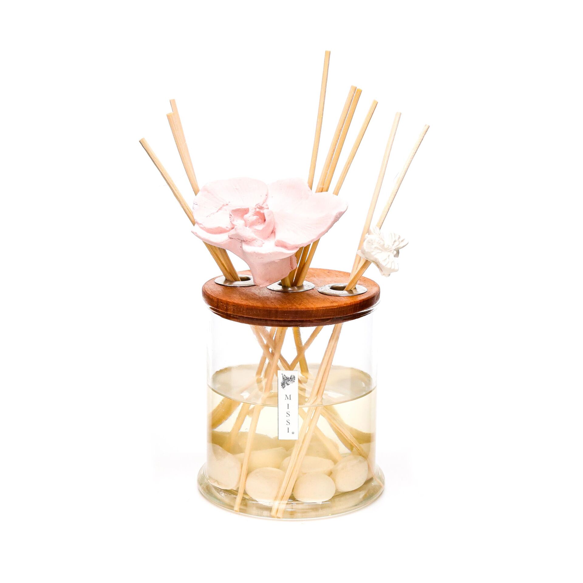 250 ml Dekorlu Oval Üfleme Cam Şişe Çiçek Taş Bambu Çubuklu Beyaz Gül Oda Kokusu