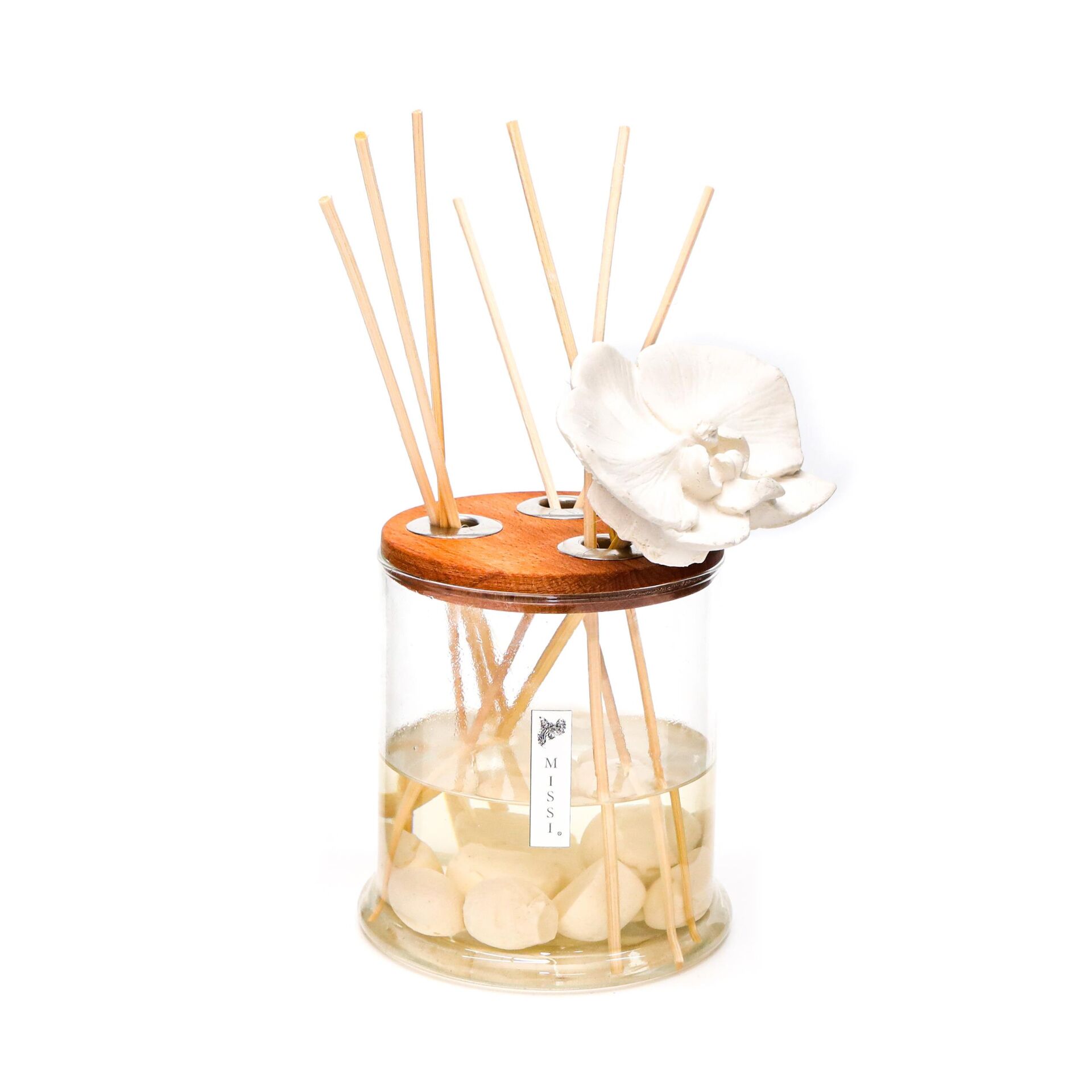 250 ml Dekorlu Oval Üfleme Cam Şişe Çiçek Taş Bambu Çubuklu Geceyarısı Çiçeği Oda Kokusu