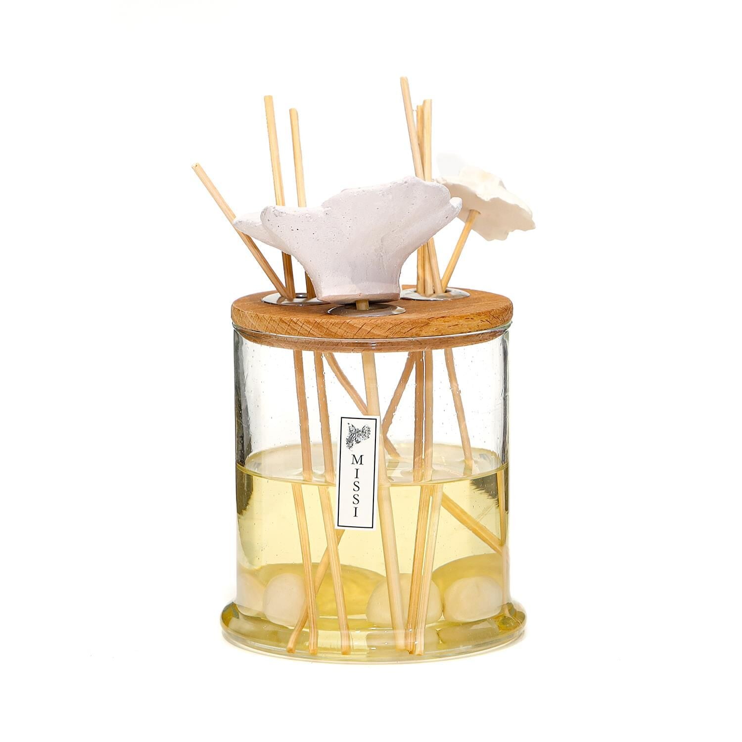 250 ml Dekorlu Masif Ahşap Kapaklı Yuvarlak Şişe Beyaz Yasemin Oda Kokusu