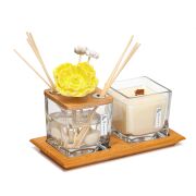 Masif Ahşap Tepsili 250 ml Dekorlu Ahşap Kapaklı Yasemin Sandal Oda Kokusu & Vegan Mum Seti