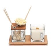 Vıp Masif Ahşap Tepsili 250 ml Dekorlu Ahşap Kapaklı Amber Çiçeği Oda Kokusu Vegan Mum Seti