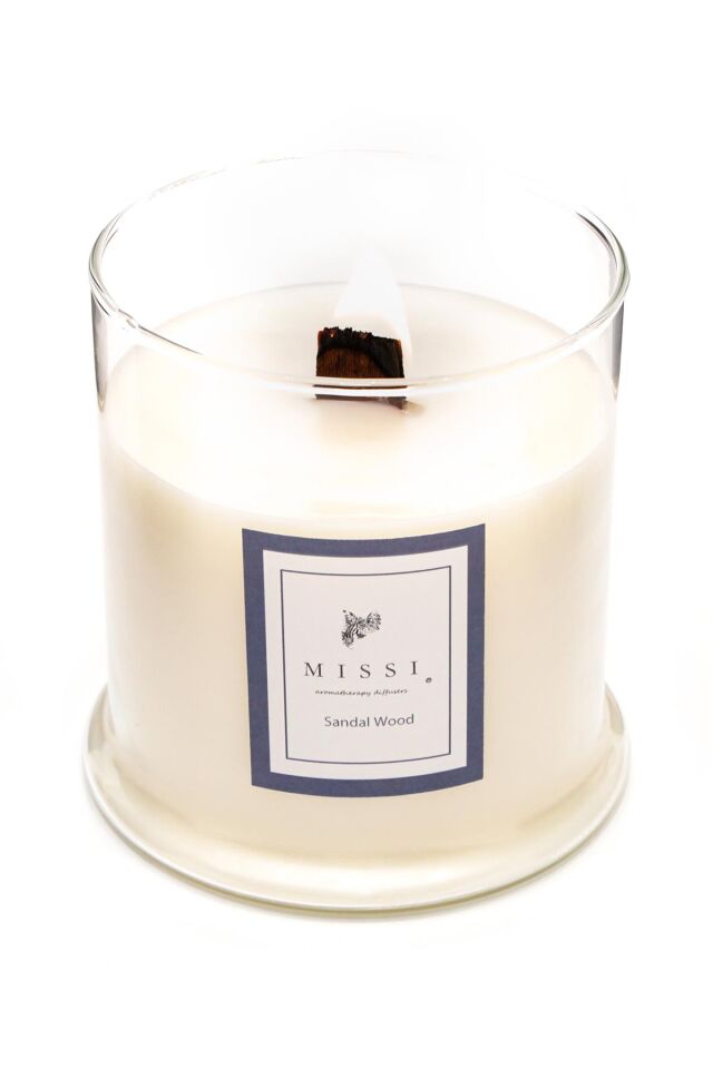 Büyük Üfleme Cam Ahşap Fitilli Sandal Wood Vegan Mum (380 GR)