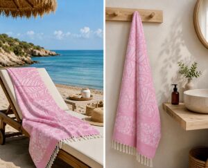 Ege Esintisi Çift Yüzlü Mandala Jakarlı Peştemal - Pembe - %100 Pamuk Plaj, Havuz ve Hamam Peştemali