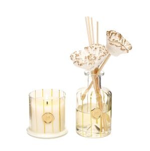 200 ml Gold Boyalı Cam Şişe Oud Vanilya Oda Kokusu ve Mum Seti