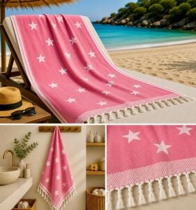 Ege Esintisi Yıldız Jakarlı Peştemal - Pembe - %100 Pamuk Plaj, Havuz ve Hamam Peştemali