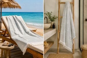 Ege Esintisi Çift Yüzlü Çapa Jakarlı Peştemal - Gri - %100 Pamuk Plaj, Havuz ve Hamam Peştemali