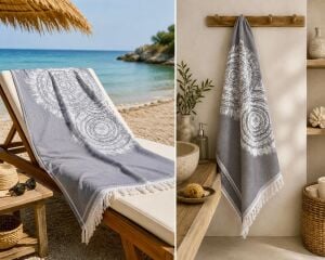 Ege Esintisi Çift Yüzlü Etnik Jakarlı Peştemal - Gri - %100 Pamuk Plaj, Havuz ve Hamam Peştemali