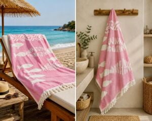 Ege Esintisi Çift Yüzlü Balık Jakarlı Peştemal - Pembe - %100 Pamuk Plaj, Havuz ve Hamam Peştemali