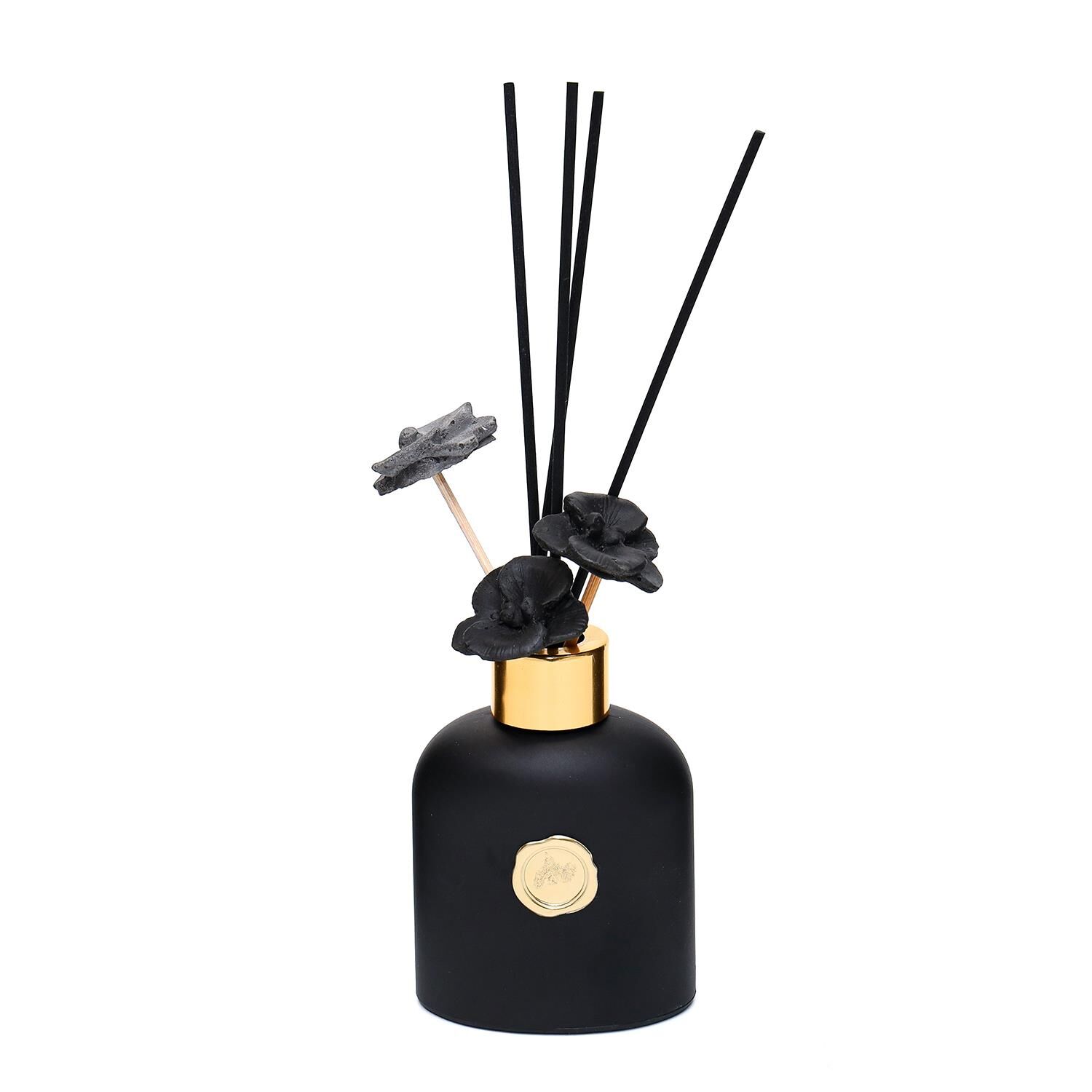 130 ml Siyah Cam Şişe Seramik Çiçek Taş Bambu Çubuklu Black Vanilya Oda Kokusu