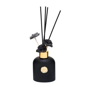 130 ml Siyah Cam Şişe Seramik Çiçek Taş Bambu Çubuklu Black Vanilya Oda Kokusu