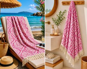 Ege Esintisi Saray Jakarlı Çift Yüzlü Peştemal - Pembe - %100 Pamuk 100x180 cm Plaj, Havuz ve Hamam