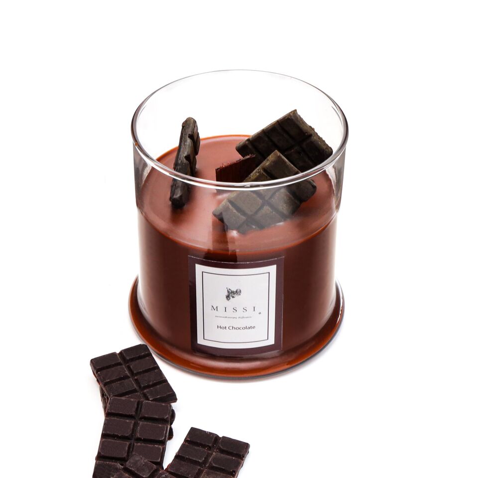 Büyük Üfleme Cam Ahşap Fitilli Hot Chocolate Vegan Mum (380 gr)