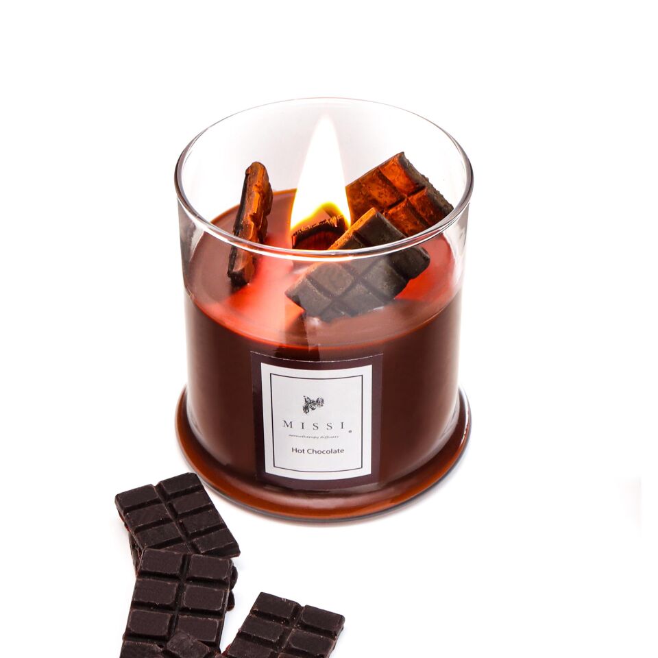 Büyük Üfleme Cam Ahşap Fitilli Hot Chocolate Vegan Mum (380 gr)