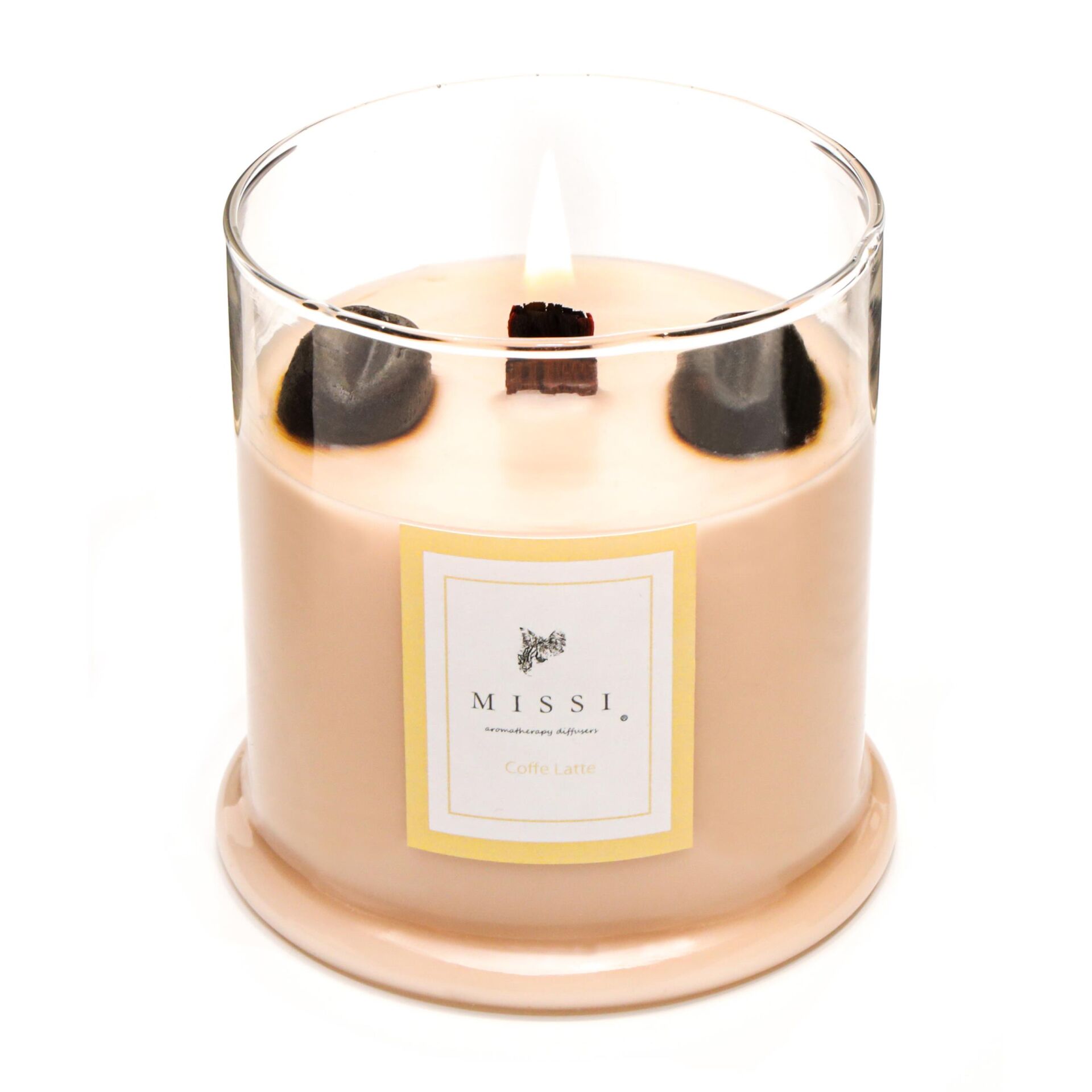 Büyük Üfleme Cam Ahşap Fitilli Coffe Latte Vegan Mum (380 GR)