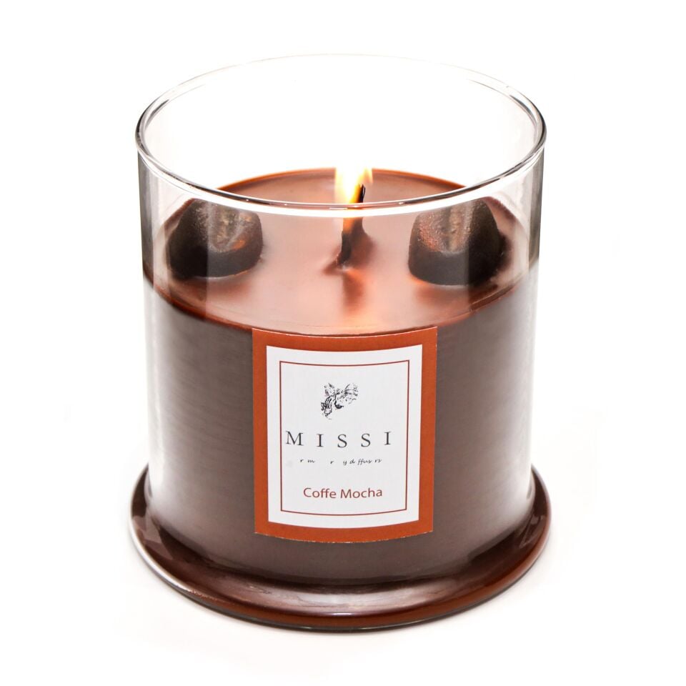 Büyük Üfleme Cam Ahşap Fitilli Coffe Mocha Vegan Mum (380 gr)