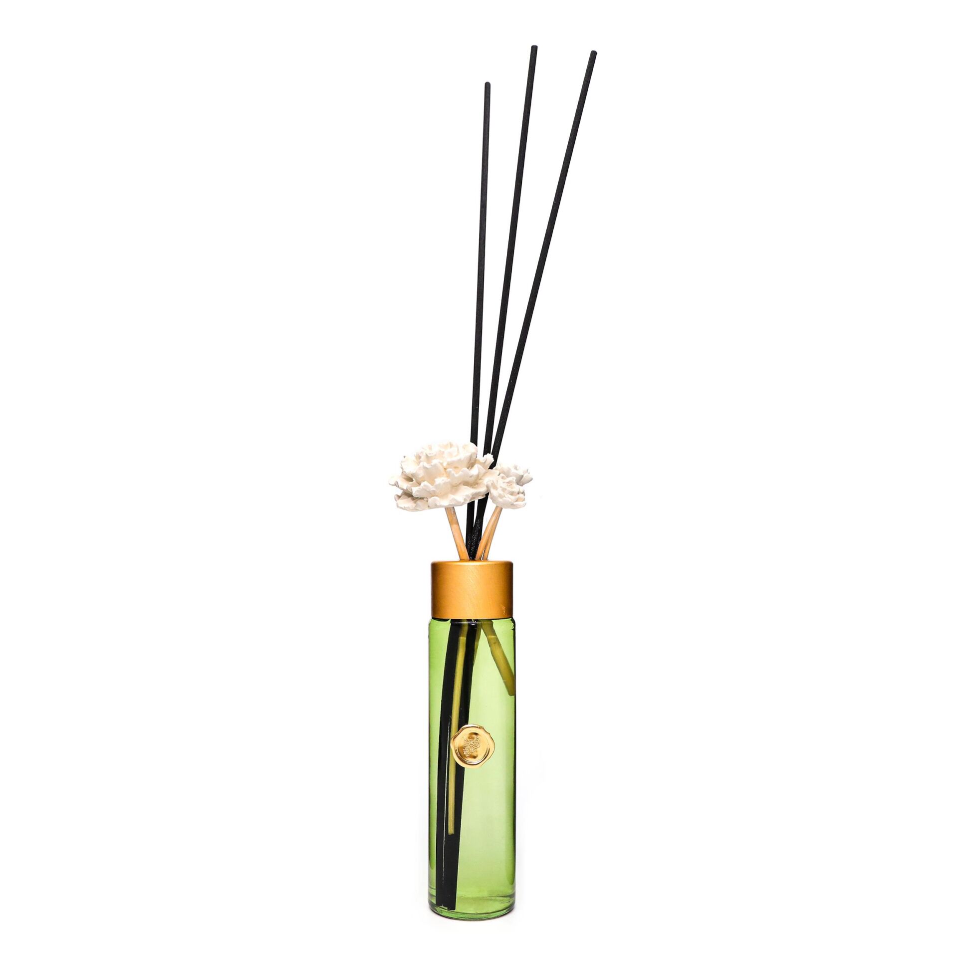 190 ml Yeşil Cam Şişe Çiçek Taş Bambu Çubuklu Yasemin Sandal Oda Kokusu
