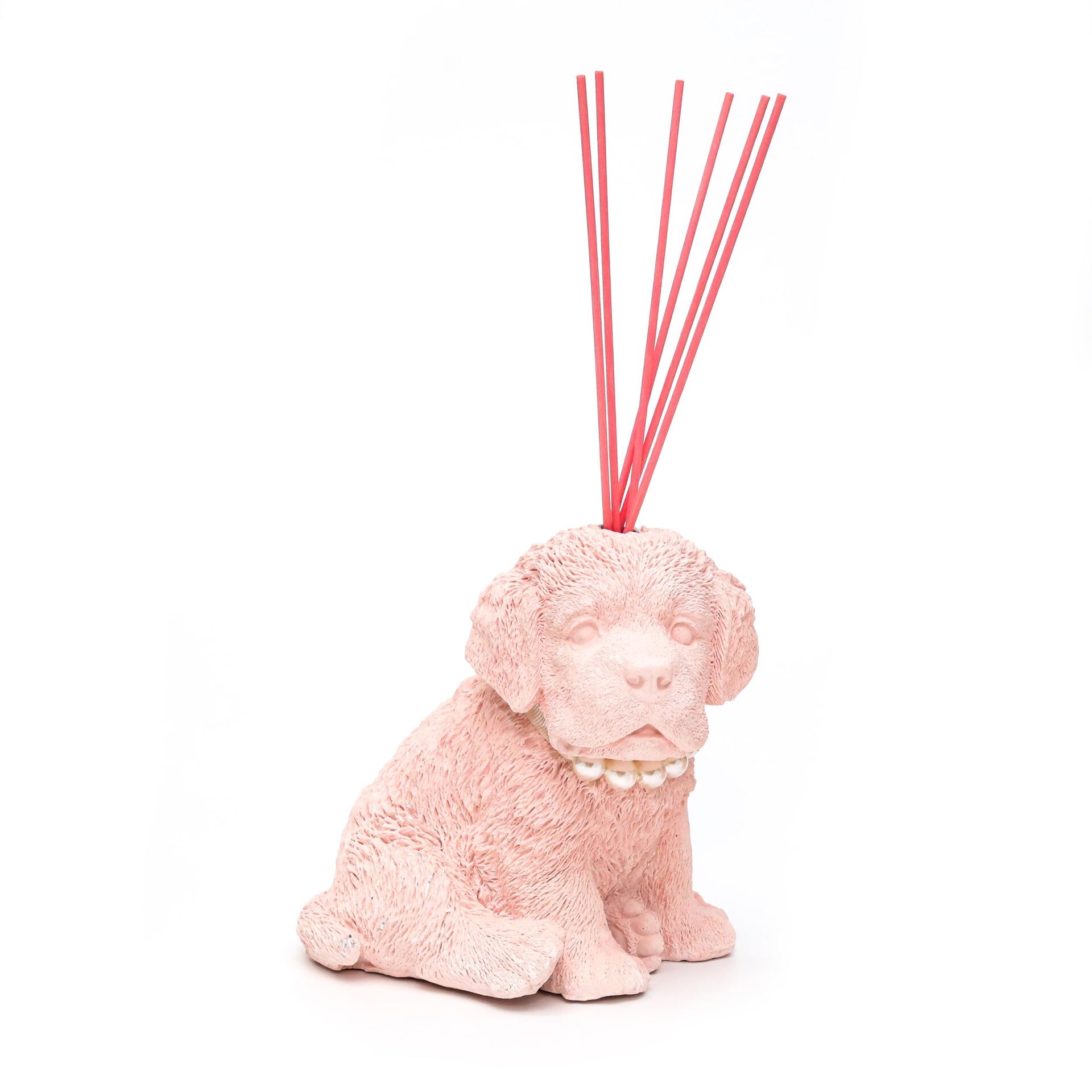 İnci Kolyeli Pembe Seramik Köpek Heykel Vanilya Sandal Oda Kokusu