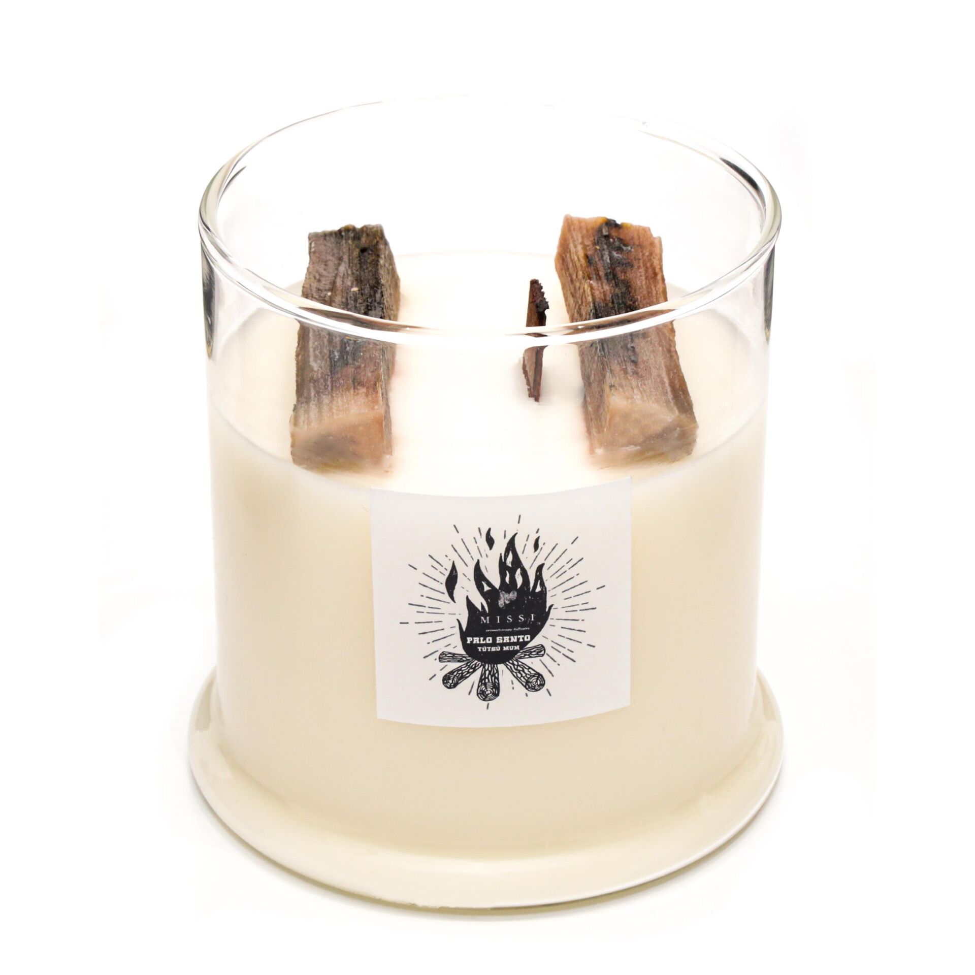 Büyük Üfleme Cam Ahşap Fitilli Palo Santo Vegan Mum (380 gr)