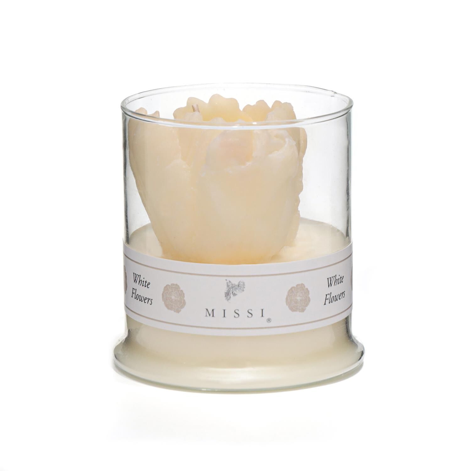 Büyük Üfleme Cam Bardak İçi Gardenya Kokulu Lale Dekorlu Vegan Mum