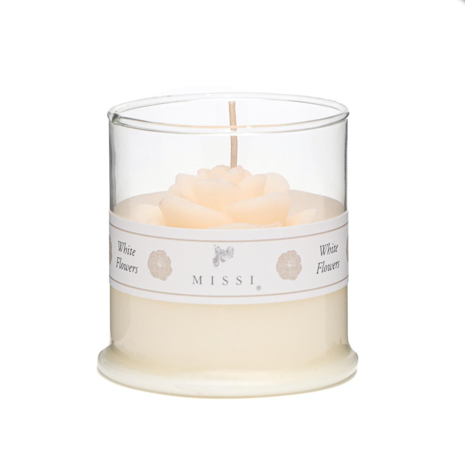 Büyük Üfleme Cam Bardak İçi Beyaz Gül Kokulu Gül Dekorlu Vegan Mum