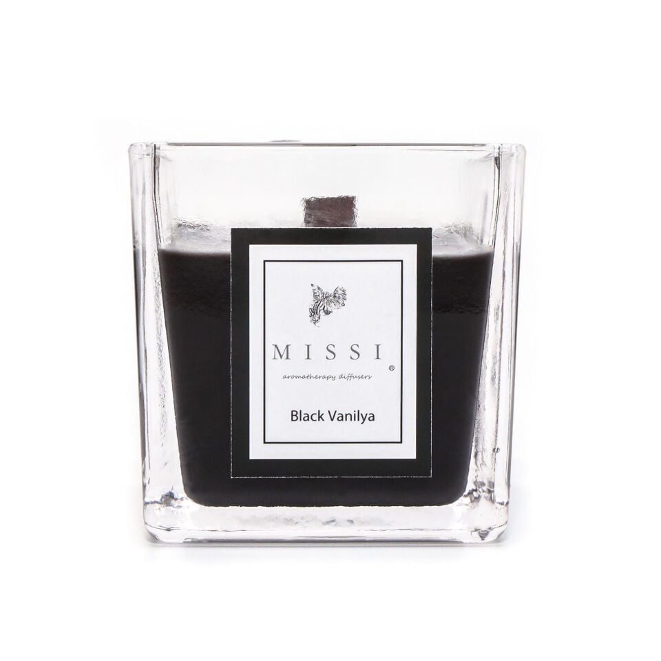 Kare Cam Ahşap Fitilli Siyah Black Vanilya Vegan Mum (8X8 cm)