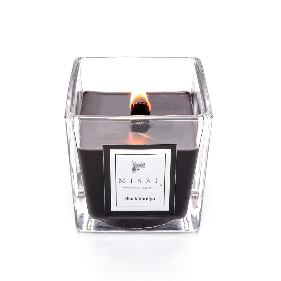 Kare Cam Ahşap Fitilli Siyah Black Vanilya Vegan Mum (8X8 cm)